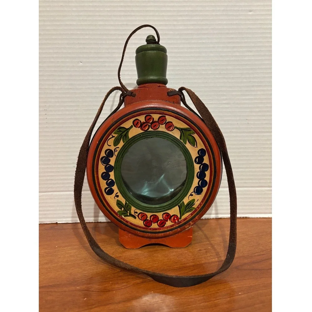 Vintage Hand Painted Wooden Canteen Glass Window Folk Art Berry Leather Strap